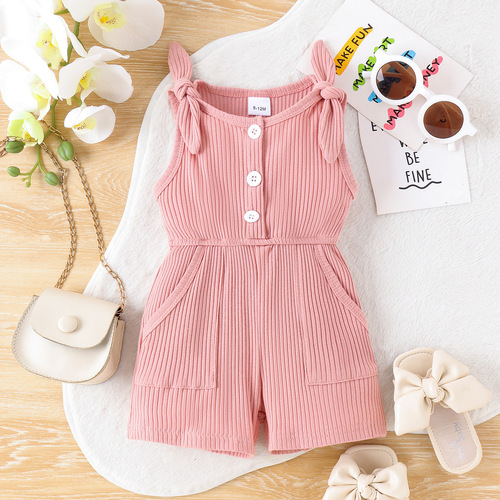 2024 Women's and Girls' Summer Strap Bodysuit with Bowknot, Manufacturer of Pure Color Casual Romper for Baby