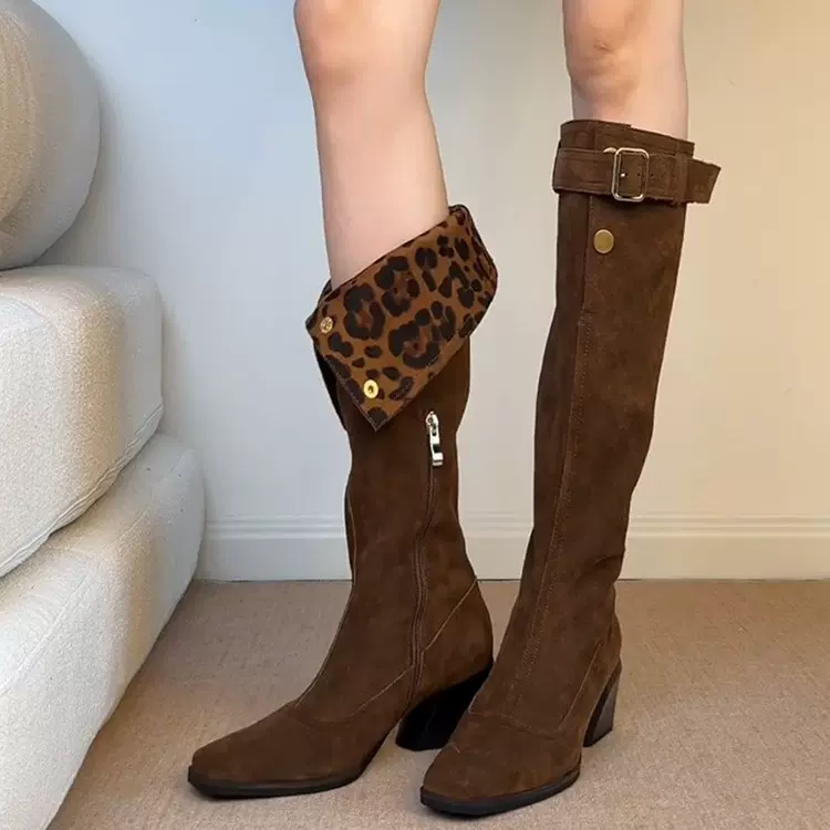 复古翻折两穿高筒堆堆靴皮带扣粗跟西部骑士靴女高跟不过膝长筒靴