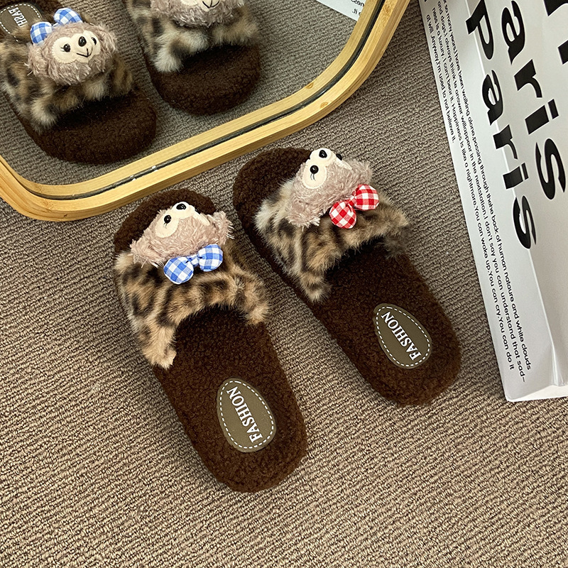 可爱风室内小熊毛毛拖鞋女外穿豹纹秋冬季保暖舒适露趾居家棉拖鞋|undefined