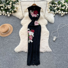 新中式复古优雅旗袍女夏季设计感重工刺绣收腰修身无袖蕾丝连衣裙