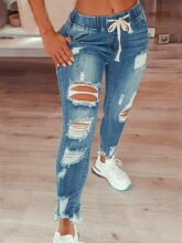 R 71181 Estic Waist Ripped Jeans �ƶ�ţ�п� ŷ���羳