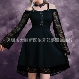 亚马逊欧美女装一字领肩带雷丝喇叭袖织带鸡眼大摆性感中长连衣裙