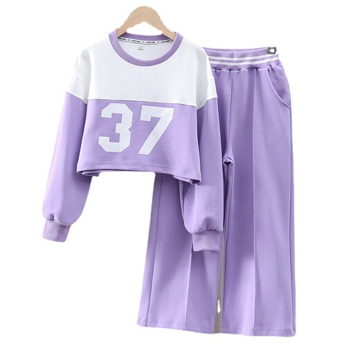 Spring and Autumn Girls' Sports Suit, Big Children's Short Loose Long-Sleeved Sweatshirt and Casual Pants Two-piece Set for Girls and Children's Clothing