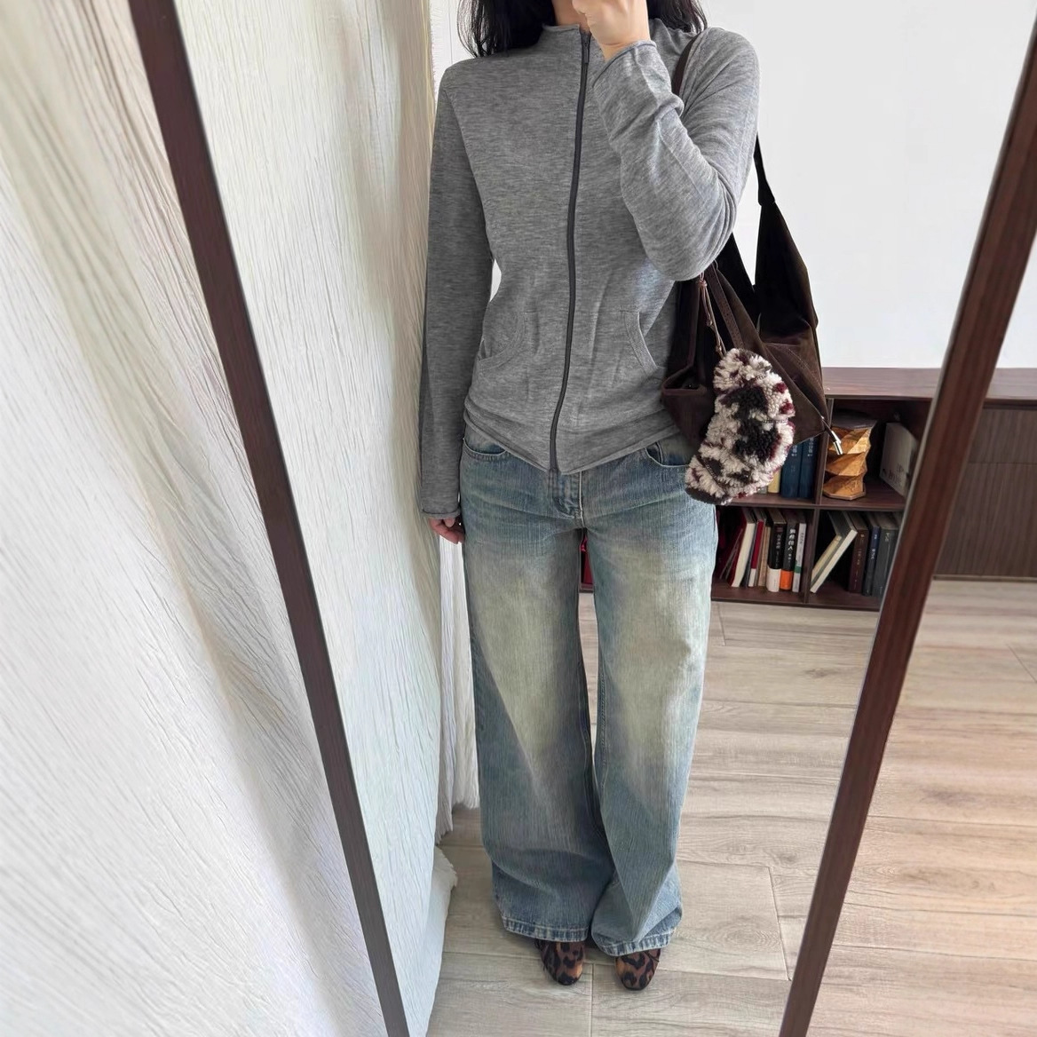 New Solid Color Versatile Slimming Small Stand Collar Zipper Rolled Edge Design Casual Wool Cardigan Women's Knitwear 5121