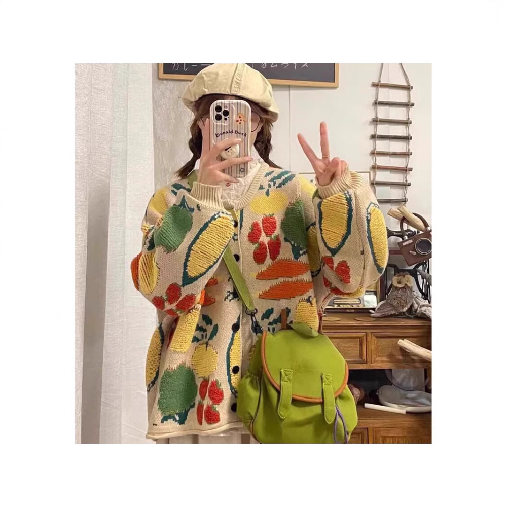 蔬菜花多巴胺毛衣外套女冬大码女装宽松休闲针织开衫女休闲百搭