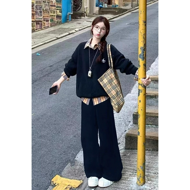 Спортивный костюм для женщин, весенне-осенних студентов, корейский стиль, свободный, тонкий, модный, поддельная толстовка из двух частей интернет-знаменитостей, повседневный комплект из двух частей, модный