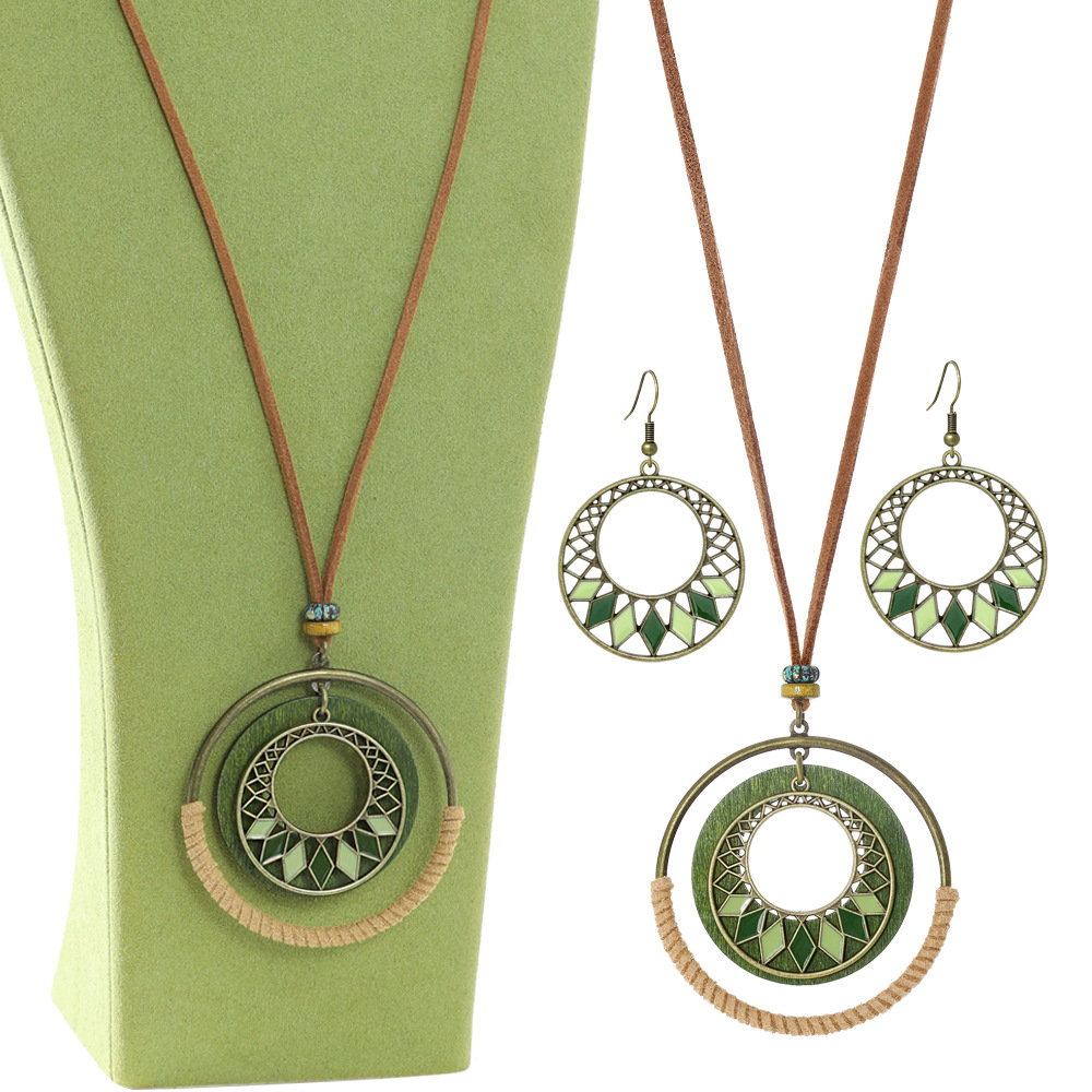 Forest Style Retro Hand-Woven Bohemian Earrings Necklace Set Avocado Green Long Versatile Literary Accessories