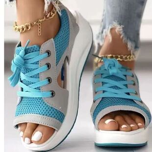 Foreign Trade Large Size Summer New Women's Rocking Bottom Sandals Platform Thick Bottom Lace-up Sandals Beach Shoes Size 43