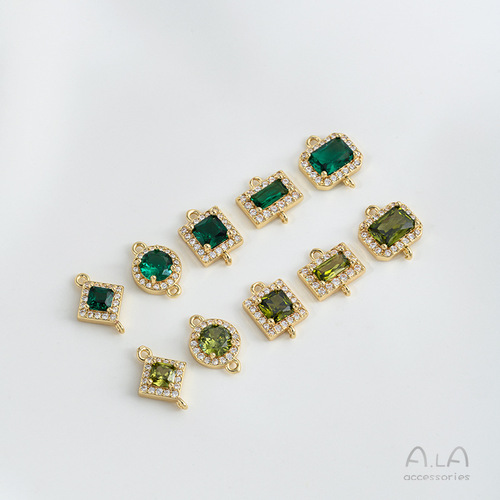 Polished 14K Gold-Plated Emerald Green Zircon Geometric Double Pendant DIY Handmade Jewelry Accessories