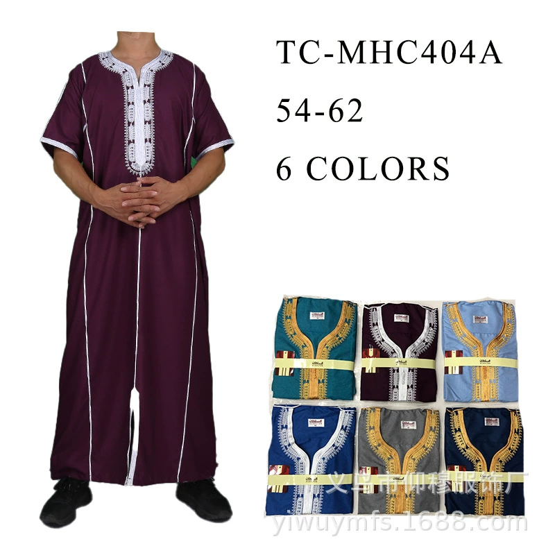 Летний мужской длинный готовый мусульманский халат 2025 года, смешанные цвета, этнический стиль, однотонный с вышивкой