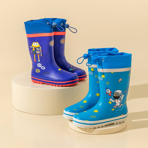 Children's cartoon rubber rain boots dinosaur mid-calf rain boots with drawstring, unisex for kids, primary school students, rubber shoes, cute kids water shoes