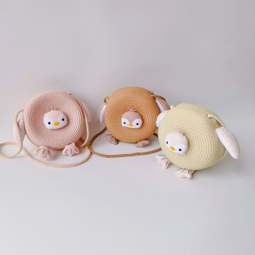 Autumn South Children's Bag Korean Summer Grass Weaving Bag Little Girl Crossbody Pocket Purse Girl Penguin Cartoon Small Bag