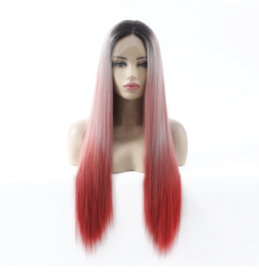 Mediano recto tricolor negro gradiente medio gris / ladrillo rojo pelucina de encaje frontal LW0308