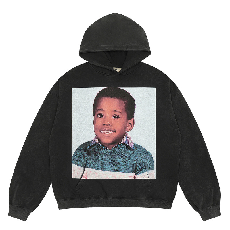 Kanye West's Same Childhood Portrait Big Face Retro Washed Distressed Terry Hooded Sweatshirt