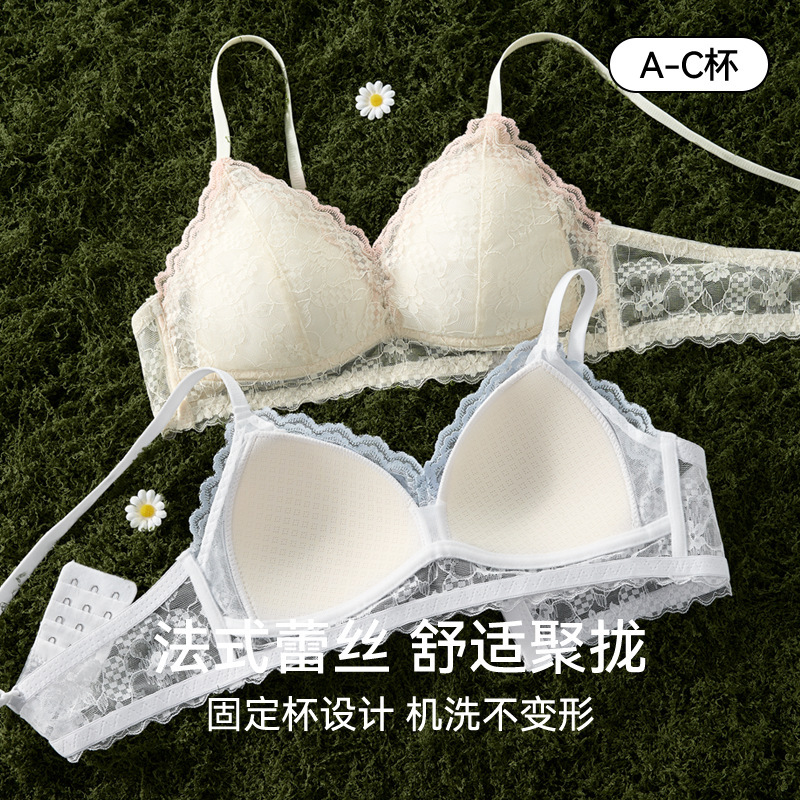 French-Style Sexy Lace Lingerie, Thin Triangle Cup, Wireless Bra, Small Bust Enhancement, Push-Up Bra