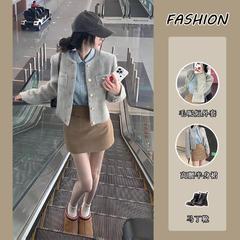 三件套女2025秋冬新款气质小香风短款毛呢外套牛仔长袖衬衫半身裙