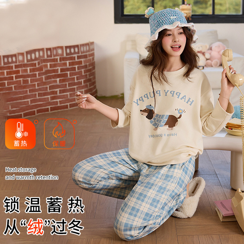 Pajamas for Women in Autumn and Winter, Silk Wool and German Velvet Thickened Long-Sleeved Round-Neck Pullover Cartoon Thermal Storage and Warm Home Wear