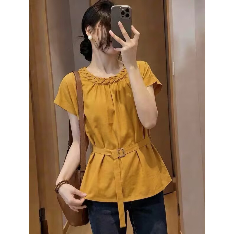 2026 Korean Style Fashionable Lace Collar Tie-Waist Shirt for Women, Summer Design for Plus-Size Girls, Slimming and Elegant Top 2026 Korean Style Fashionable Lace Collar Tie-Waist Shirt for Women, Summer Design for Plus-Size Girls, Slimming and Elegant Top