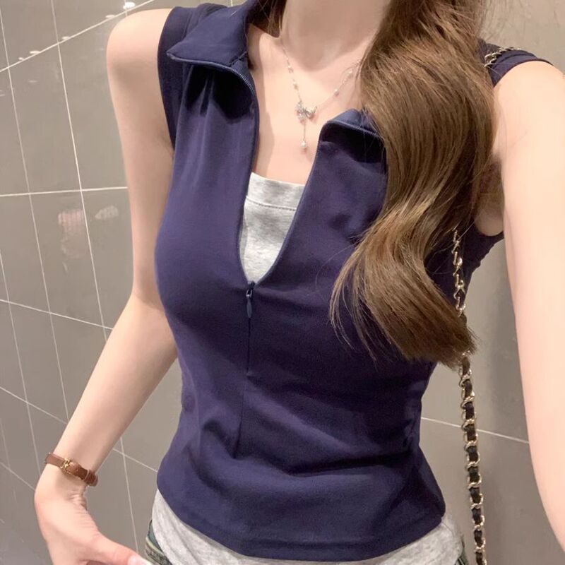 Sleeveless T-Shirt for Women 2025 Summer New Popular Style with a Turn-Down Collar, Faux Two-Piece Design, Cinched Waist, High-End Short Top Sleeveless T-Shirt for Women 2025 Summer New Popular Style with a Turn-Down Collar, Faux Two-Piece Design, Cinched Waist, High-End Short Top