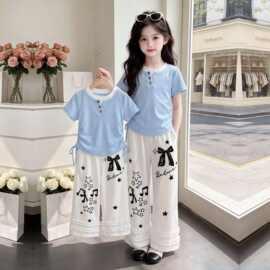 2026洋气个性抽绳短袖上衣女童夏季蝴蝶结休闲花边长裤两件套装