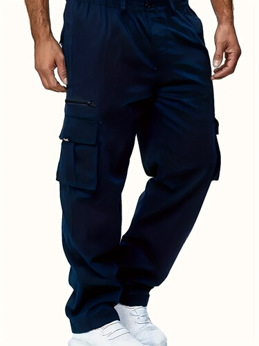 1 Piece Men's Casual Cargo Pants Solid Color Polyester Mid-Cross Border