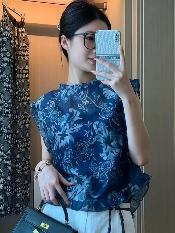 复古印花无袖背心衬衫女2025新款薄款透气小衫后背纽扣雪纺上衣夏|undefined