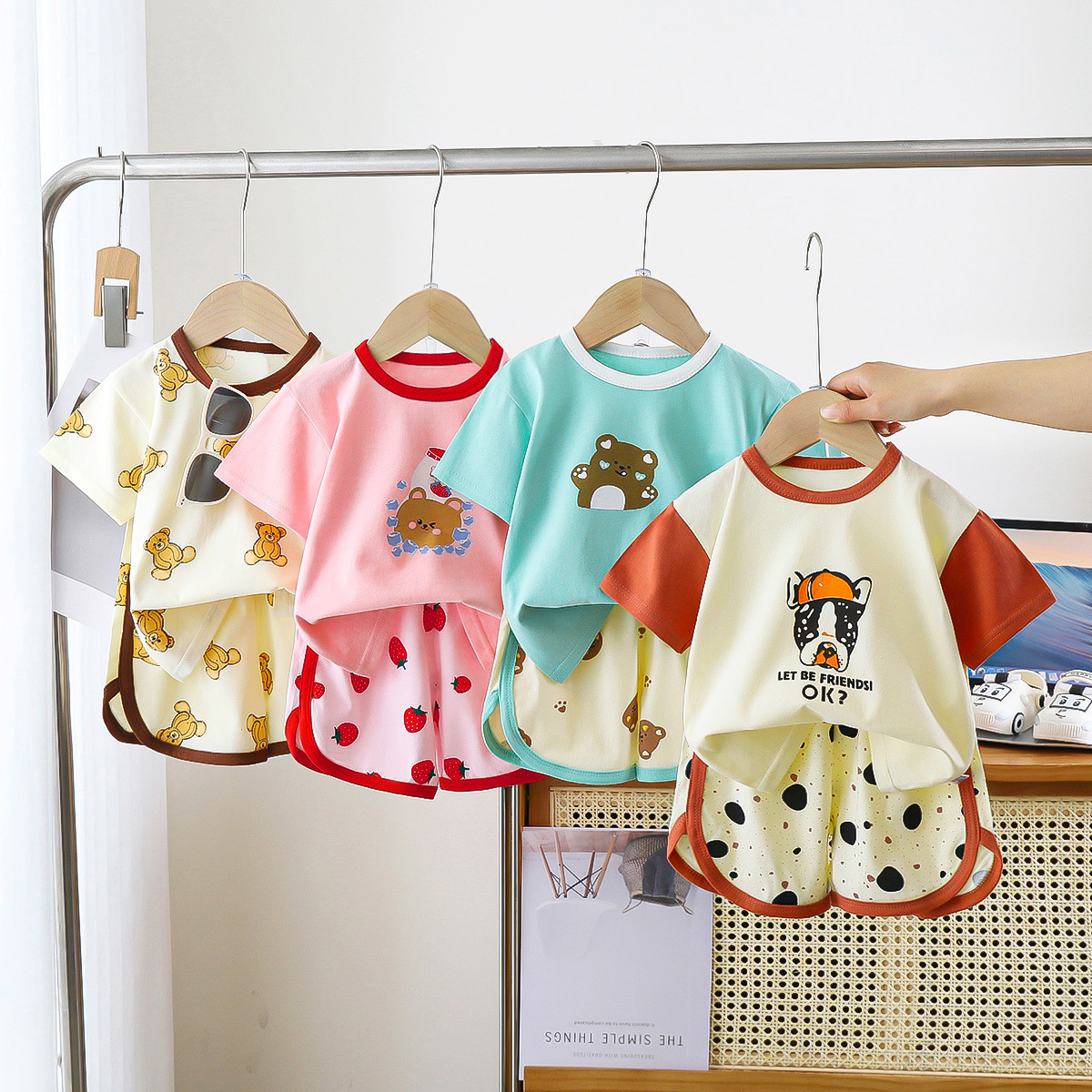 Traje de pantalones cortos de manga corta para niños, algodón puro, verano nuevo estilo para niños, camiseta coreana, ropa de verano para bebés, ropa para niños para niñas