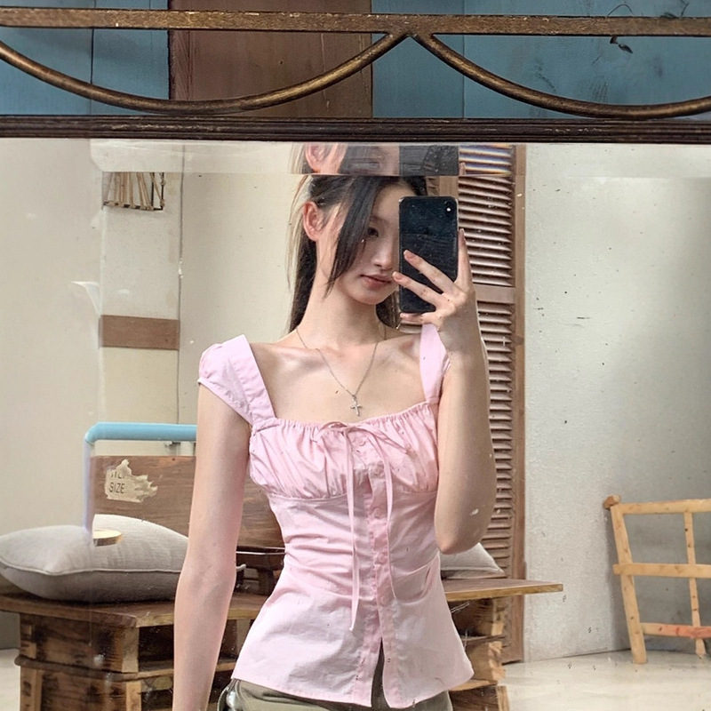 设计感短袖衬衫女夏季2025新款巨好看的小衫法式上衣粉色气质衬衣|undefined