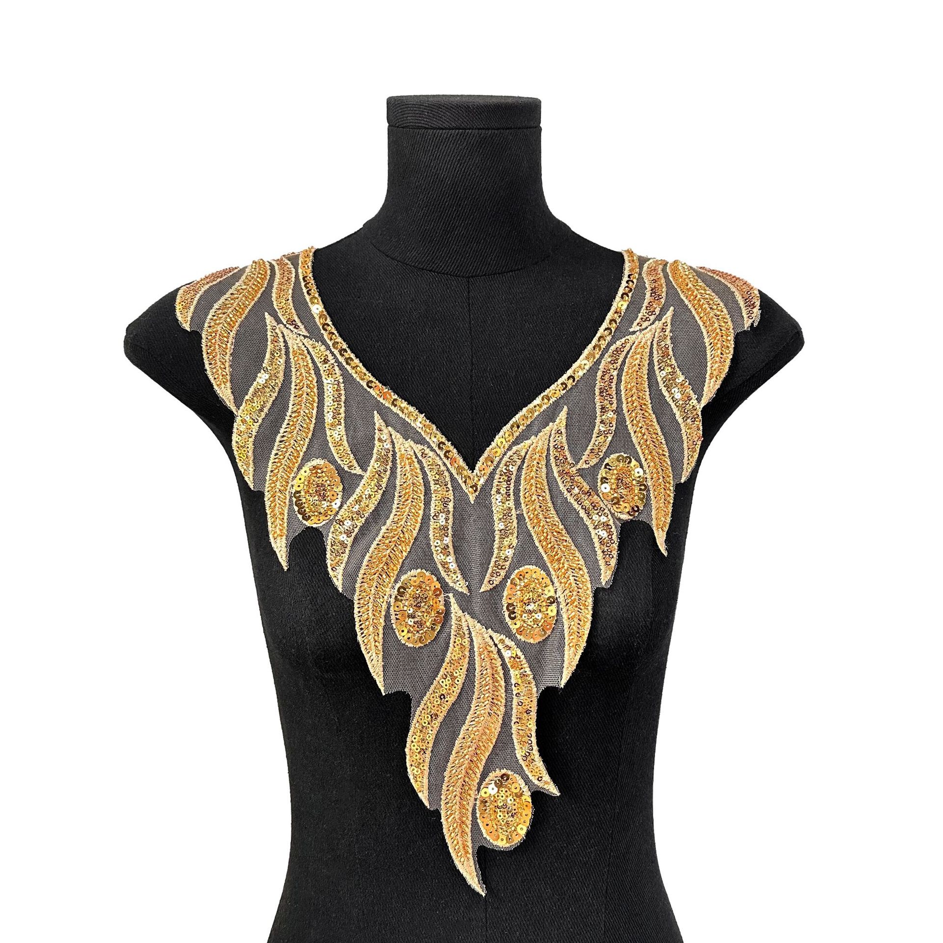 Lentejuelas doradas bordadas en forma de sauce decoración de cuello magníficos accesorios tridimensionales ropa vestido de novia decoración al por mayor
