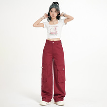 红色美式高腰直筒休闲牛仔裤女150小个子显瘦高街辣妹拖地裤