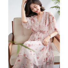 超仙真丝碎花连衣裙2025夏法式优雅桑蚕丝气质显瘦收腰七分袖长裙