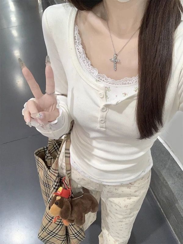 蕾丝花边假两件甜美风长袖t恤女秋季修身款拼接碎花绝美打底上衣|undefined