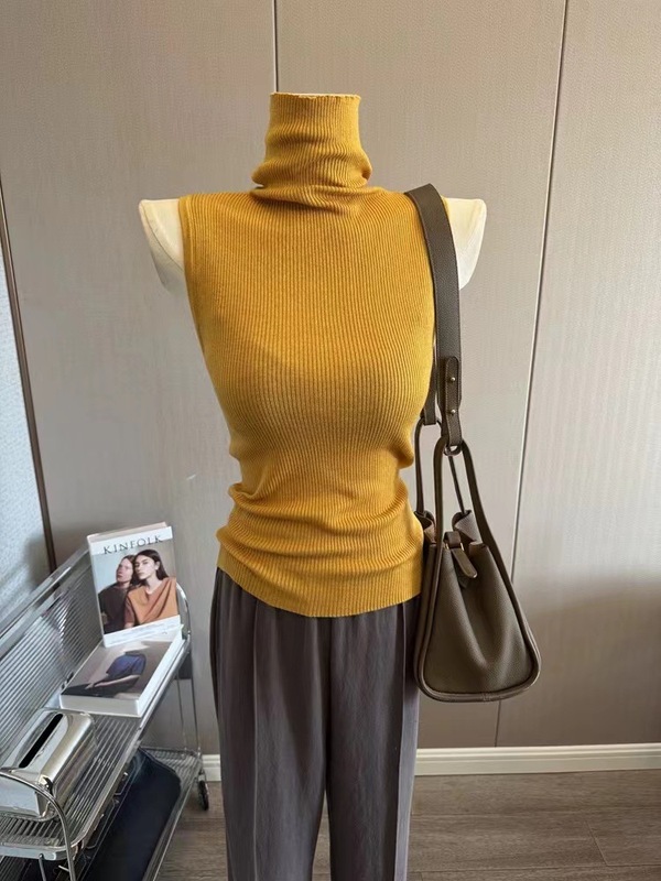 强推~简约堆堆领高领打底衫女修身无袖针织背心纯色气质内搭上衣|undefined