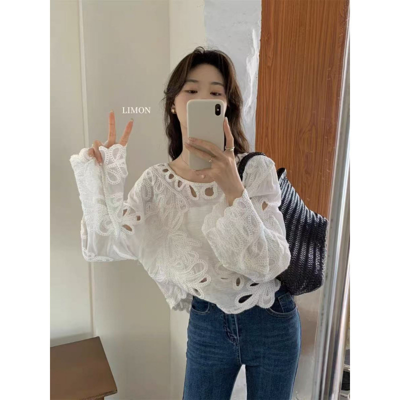 韩系设计感镂空刺绣长袖套头衬衫女春秋新款独特绝美宽松露肩上衣|undefined