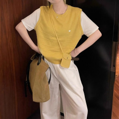 韩系chic黄色假两件针织短袖T恤女早秋季独特别致设计感短款上衣