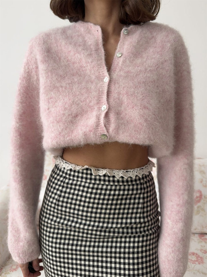 Áo khoác cardigan len nữ dáng rộng một hàng cúc, chất liệu dệt kim mềm mại, phong cách thanh lịch — Màu hồng nhạt (hàng có sẵn), Màu xanh lá cây (có hàng), Màu xanh ô liu (đốm), Màu xanh đậm (Còn hàng) chi tiết 10