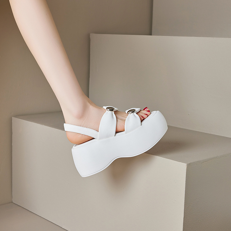 Sandal nữ đế xuồng dày 8cm quai ngang hở mũi phong cách La Mã — đen, trắng