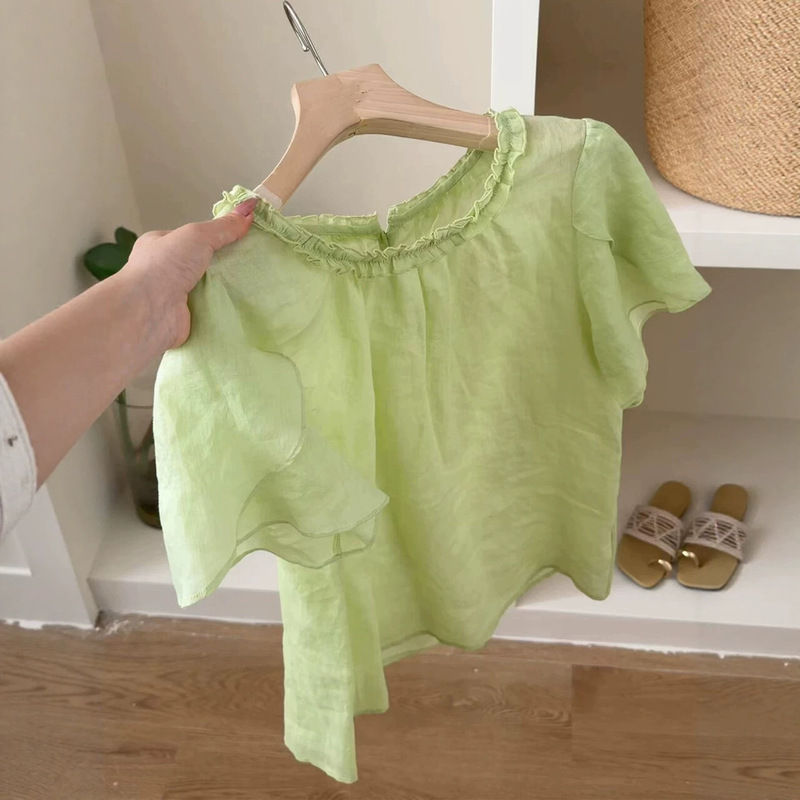 Highly Recommended~ Lime Green Round-Neck Lace Ramie Shirt for Women, 2026 Korean Style Fresh Short-Sleeve Top Highly Recommended~ Lime Green Round-Neck Lace Ramie Shirt for Women, 2026 Korean Style Fresh Short-Sleeve Top