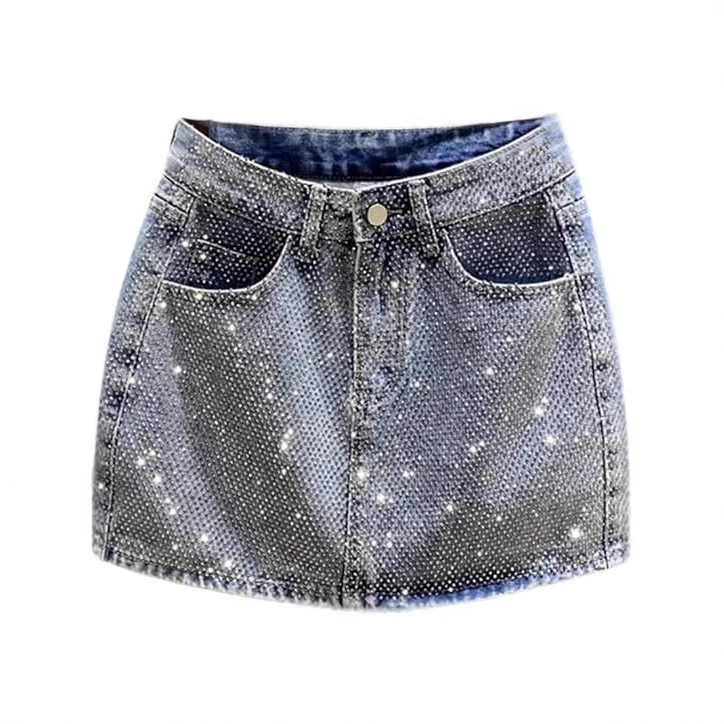 2025 Весна/Лето Новый дизайн с тяжелыми стразами Джинсовая юбка для женщин, модная утягивающая юбка-карандаш с высокой талией.