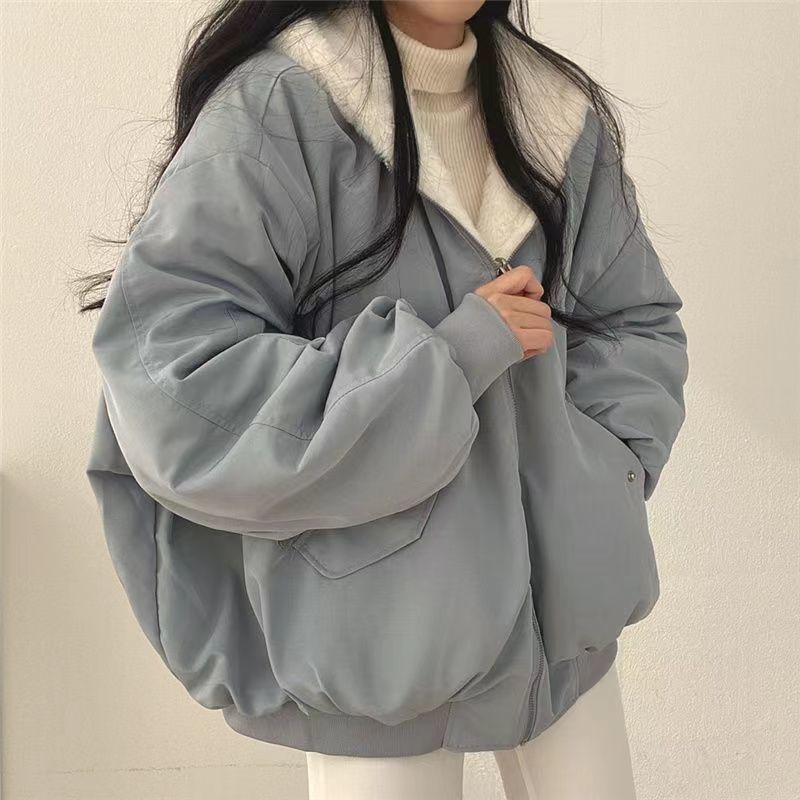 加绒加厚两面穿羊羔毛棉服女装外套秋冬新款拉链连帽棉衣上衣保暖