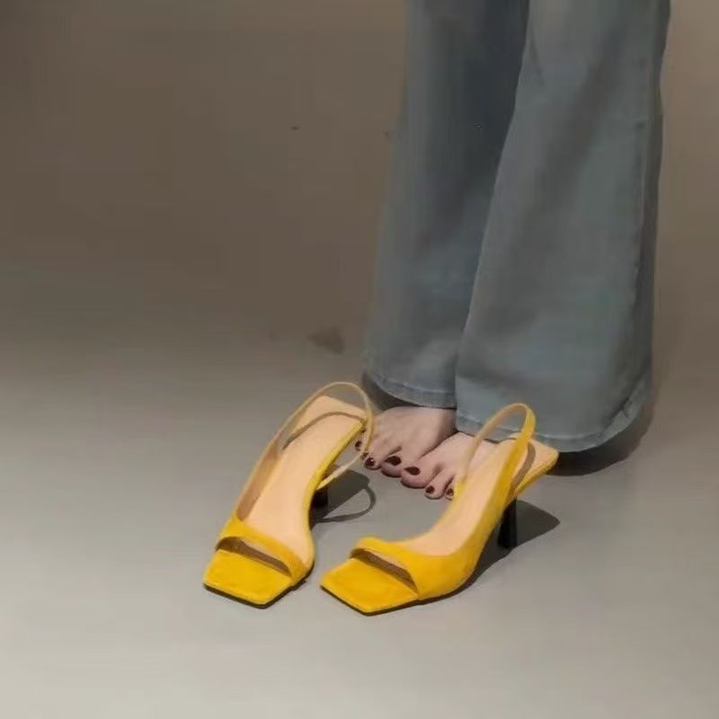 ファッショナブルなスクエアトゥのオープントゥサンダル、女性用、夏用フレンチスタイル、スカート付き、スティレットヒール、ブラックハイヒール|undefined