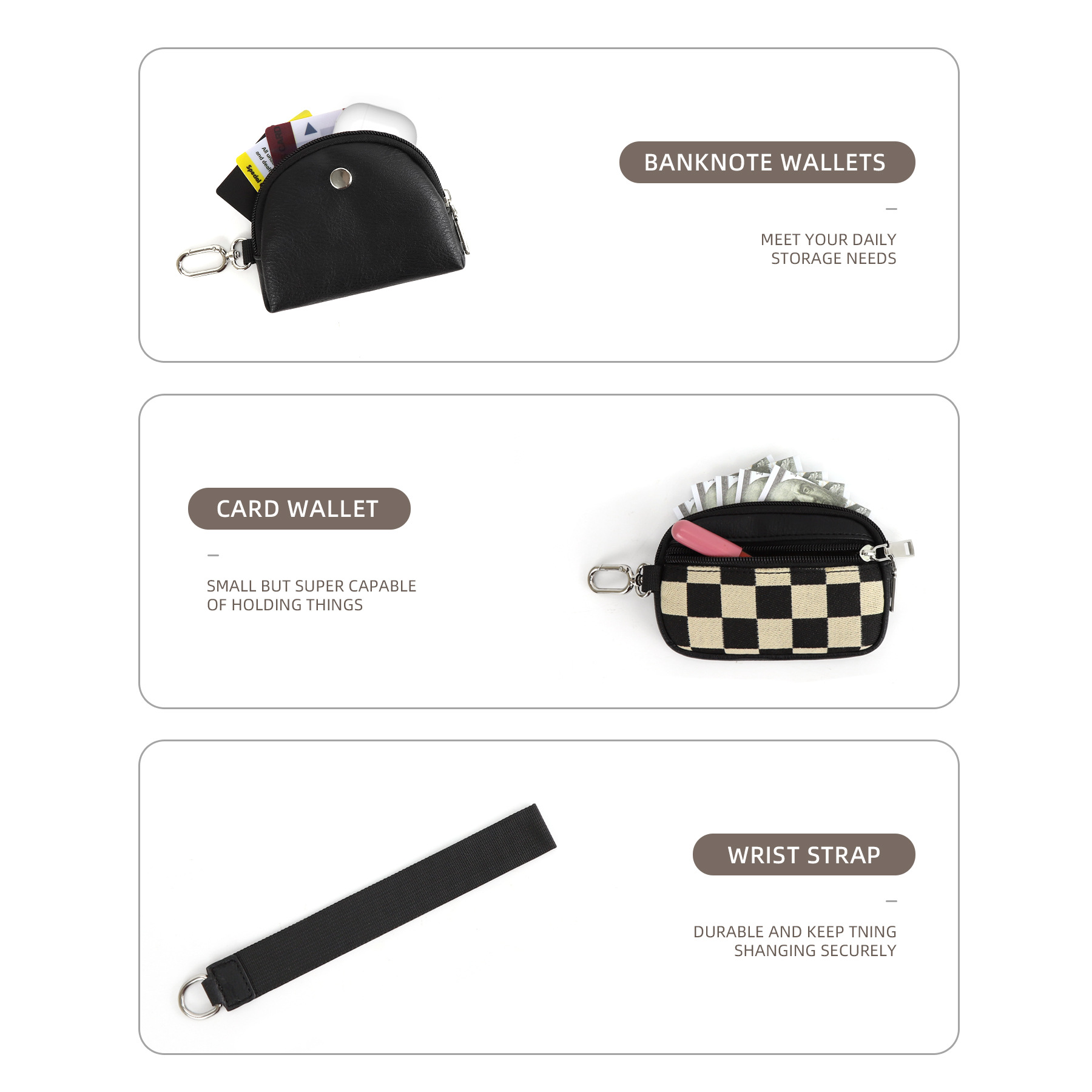 81g Weight Zipper Closure Type Coin Purse Bags Type Daily Occasion pu, Polyester Material Checkered Pattern All Seasons Season Unisex Gender Simple Style Style Square Shape Unisex Checkered Pu Polyester Zipper Coin Purses 1