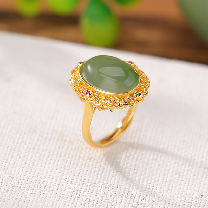 Nhẫn bạc S925 mạ vàng mặt ngọc bích jasper phong cách Trung Hoa họa tiết mây lành Ruyi — Bạc 925