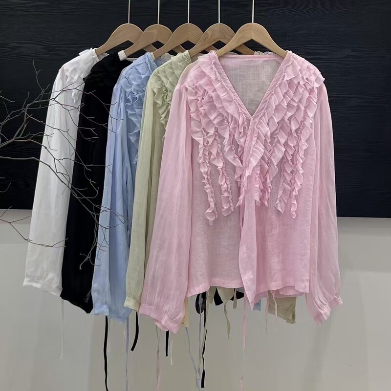 2025 New Summer Style Versatile Sweet Style Clear Ramie Heavy-Duty Pinch Pleated Hidden Button Lace-Up Top