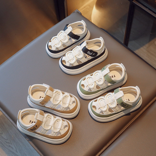 Drop shipping new summer half sandals for children, soft sole anti-kick sandals for boys and girls, leather sandals, hollow hole shoes