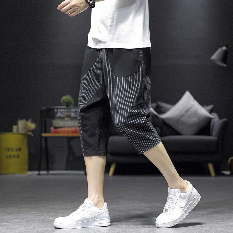 Northern Wolf Summer Thin Shorts for Men, Carrot-Style Cropped Pants, Loose Fit, Plus Size, Cotton Linen Striped Sports Harem Pants