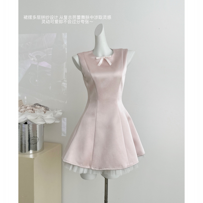 Real Shot of In-Stock Satin Tank Dress for Women, Spring/Summer, Mesh Patchwork, Ballet Style, Sleeveless, Puffy