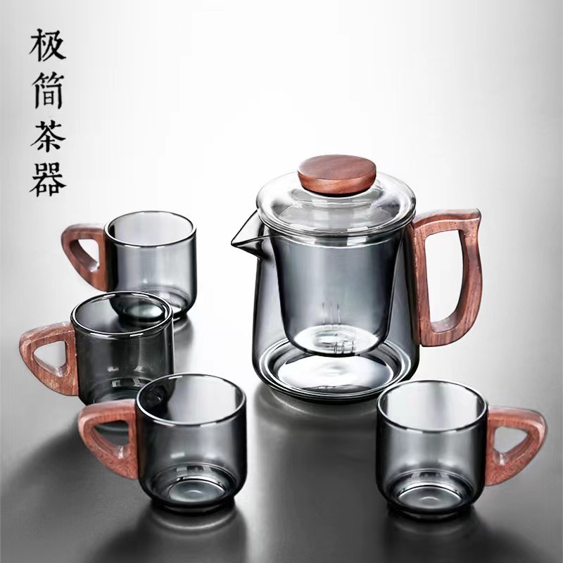 側木把煙灰色玻璃合歡花茶壺電陶爐加熱燒水煮茶壺功夫玻璃泡茶壺