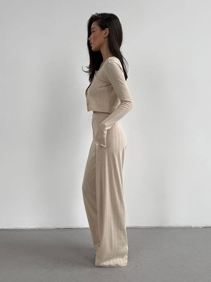 Bộ đồ ngủ nữ 3 món áo cardigan dài tay quần dài họa tiết jacquard — Màu be, Màu hồng chi tiết 47