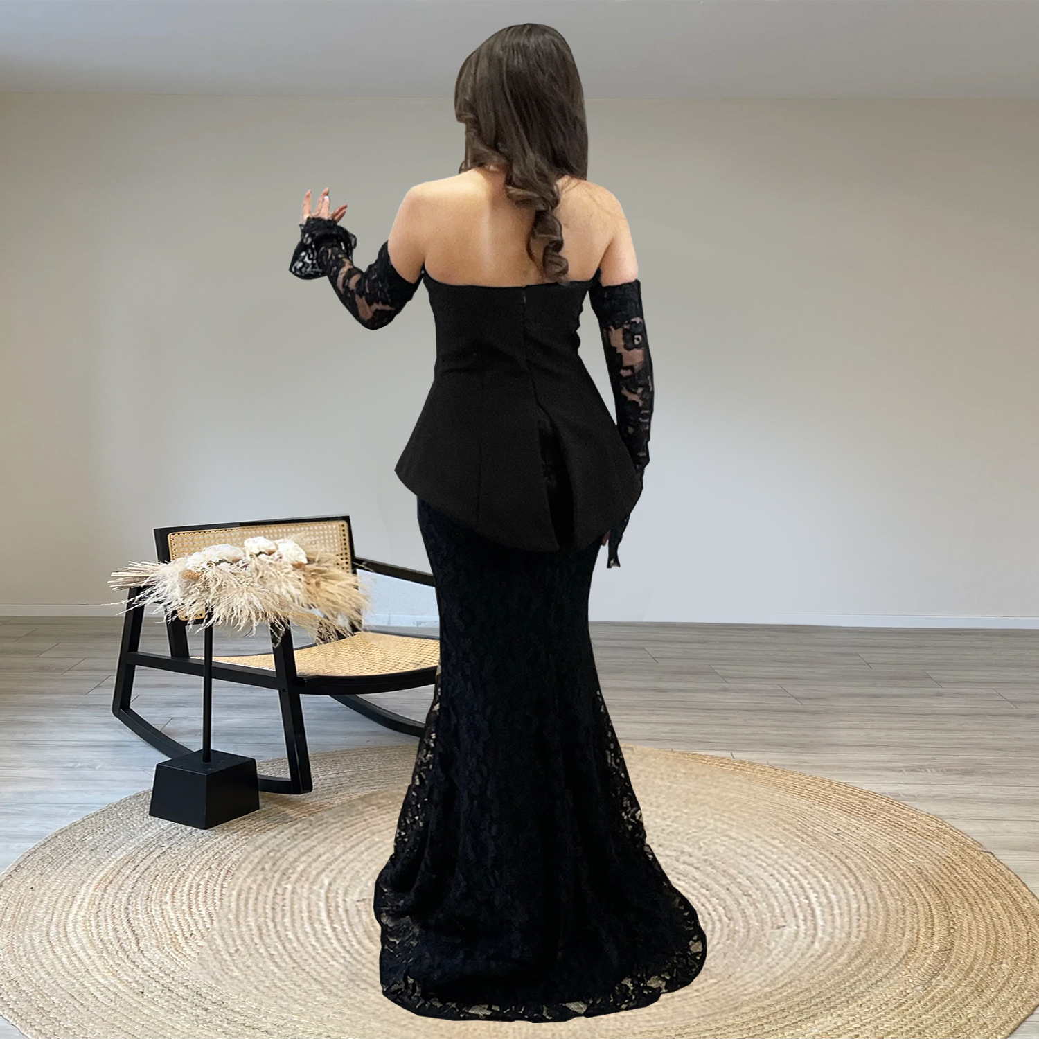 C7299 Cross-border AliExpress Amazon Moda europea y americana para mujer Traje de dos piezas de falda larga de encaje transparente superior de tubo sexy